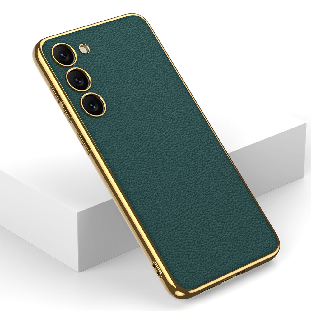 Samsung Galaxy S23 Uyumlu Kılıf Deri Görünümlü Kenarları Elektroplating Kaplama Zore Fizyon Kapak - 12