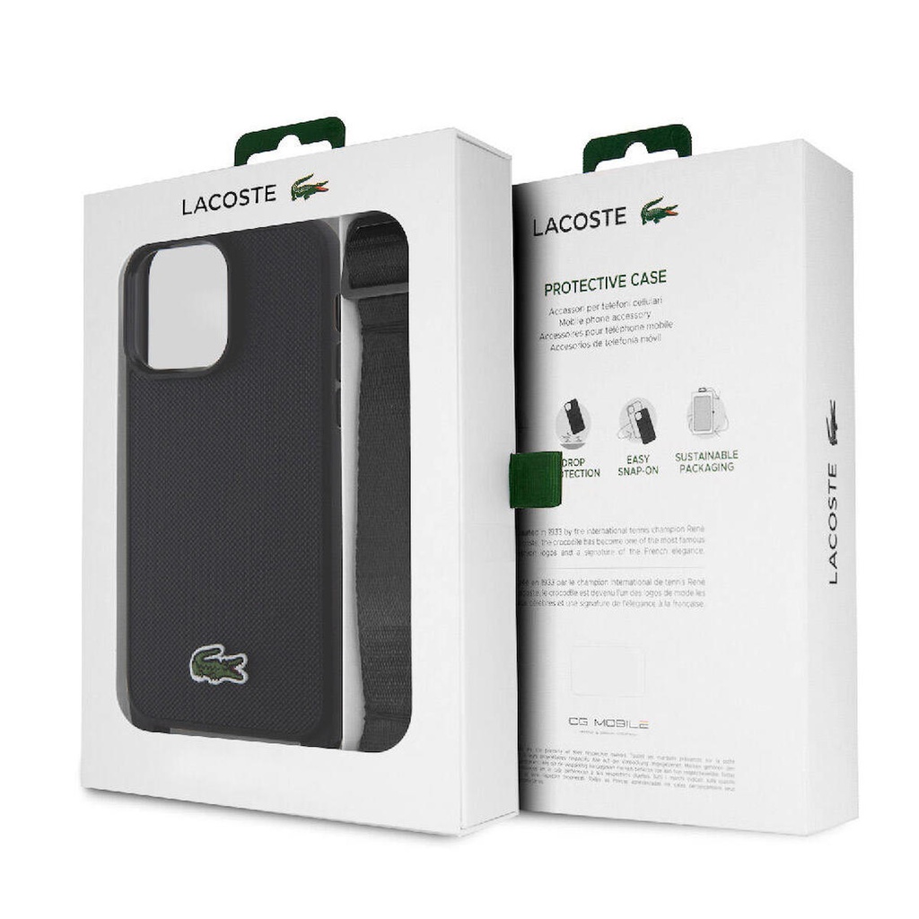 Apple iPhone 15 Pro Max Uyumlu Kılıf Lacoste Orjinal Lisanslı PU Pike Desenli Arka Yüzey Askılı İkonik Timsah Dokuma Logolu Kapak