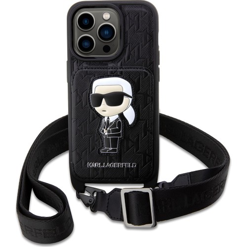 Apple iPhone 14 Pro Uyumlu Kılıf Karl Lagerfeld Boyun Askılı Kartlıklı Karl Dizayn Kapak