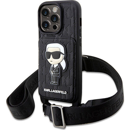 Apple iPhone 14 Pro Uyumlu Kılıf Karl Lagerfeld Boyun Askılı Kartlıklı Karl Dizayn Kapak