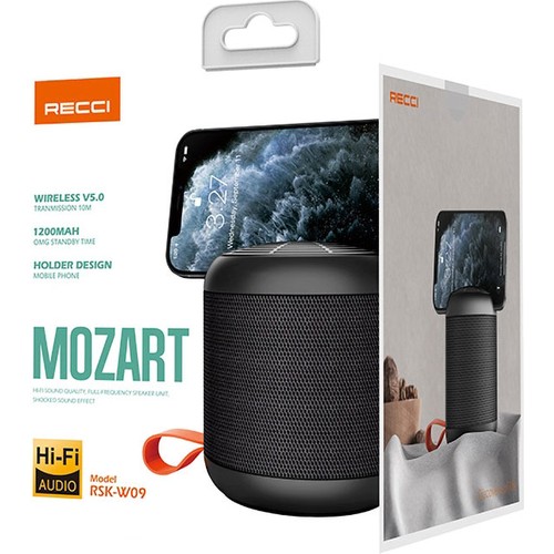 Recci RSK-W09 Mozart Serisi Hi-Fi Askılı Telefon Tutuculu Wireless Bluetooth 5.0 Speaker Hoparlör 1200mAh