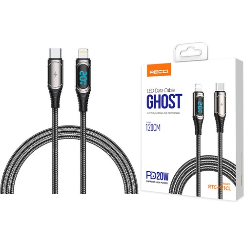 Recci RTC-P21CLPD Ghost Serisi 20W Hızlı Şarj Özellikli Type-C To Lightning PD Kablo 1.2M