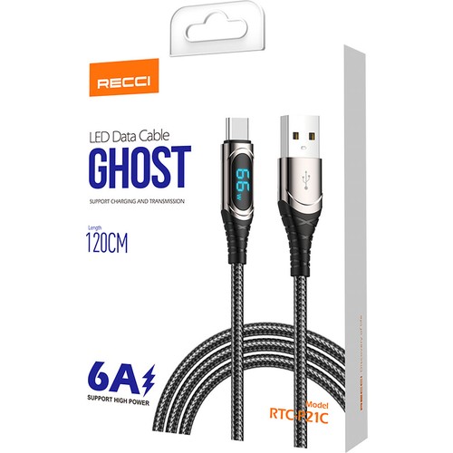 Recci RTC-P21C Ghost Serisi 66W 6A Hızlı Şarj Özellikli USB-A To Type-C Kablo 1.2M