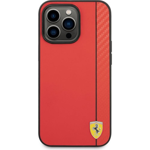 Apple iPhone 14 Pro Max Uyumlu Kılıf Ferrari Magsafe Şarj Özellikli PU Deri Karbon Şeritli Dizayn Kapak