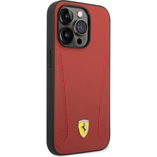 Apple iPhone 14 Pro Max Uyumlu Kılıf Ferrari Magsafe Şarj Özellikli Deri Kenarları Damgalı Dizayn Kapak