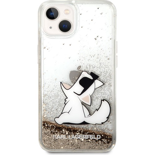 Apple iPhone 14 Uyumlu Kılıf Karl Lagerfeld Sıvılı Simli Choupette Dizayn Kapak
