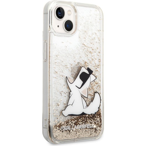 Apple iPhone 14 Uyumlu Kılıf Karl Lagerfeld Sıvılı Simli Choupette Dizayn Kapak