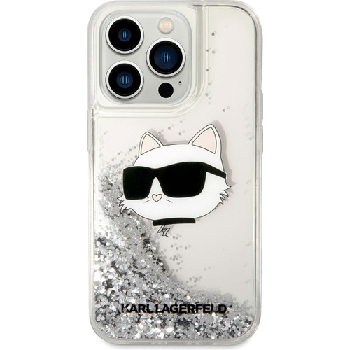 Apple iPhone 14 Pro Max Uyumlu Kılıf Karl Lagerfeld Sıvılı Simli Choupette Head Dizayn Kapak