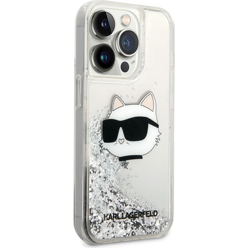 Apple iPhone 14 Pro Max Uyumlu Kılıf Karl Lagerfeld Sıvılı Simli Choupette Head Dizayn Kapak