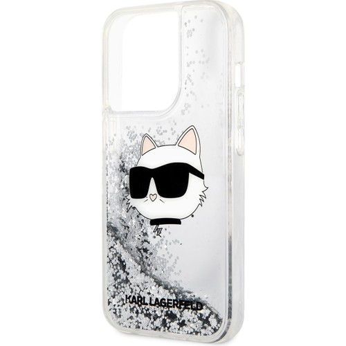 Apple iPhone 14 Pro Max Uyumlu Kılıf Karl Lagerfeld Sıvılı Simli Choupette Head Dizayn Kapak