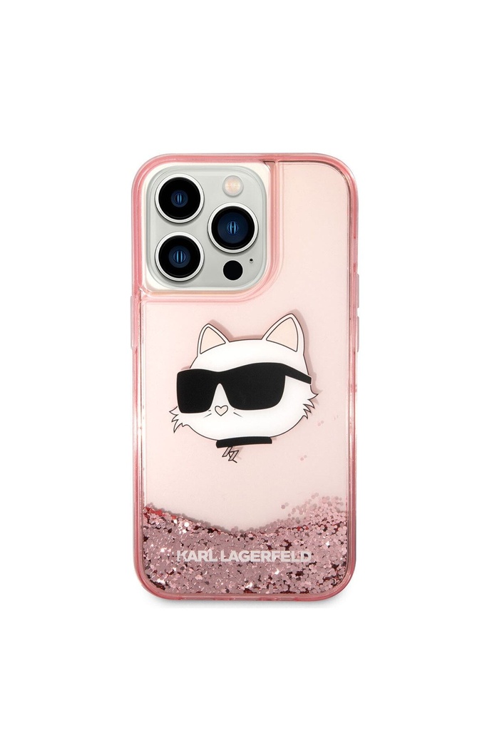 Apple iPhone 14 Pro Max Uyumlu Kılıf Karl Lagerfeld Sıvılı Simli Choupette Head Dizayn Kapak