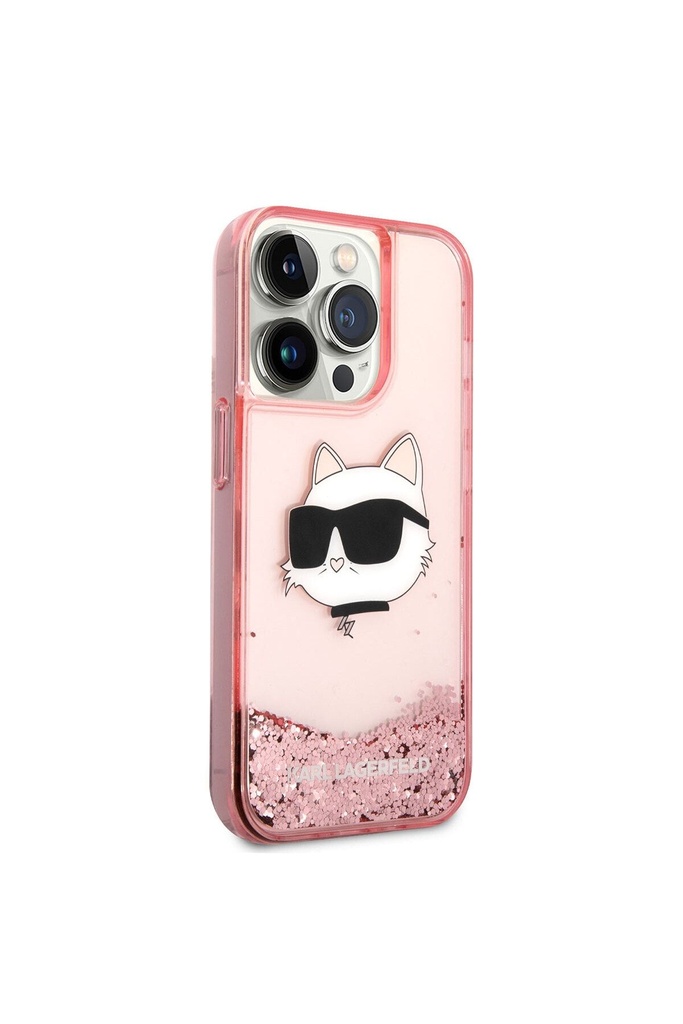 Apple iPhone 14 Pro Max Uyumlu Kılıf Karl Lagerfeld Sıvılı Simli Choupette Head Dizayn Kapak