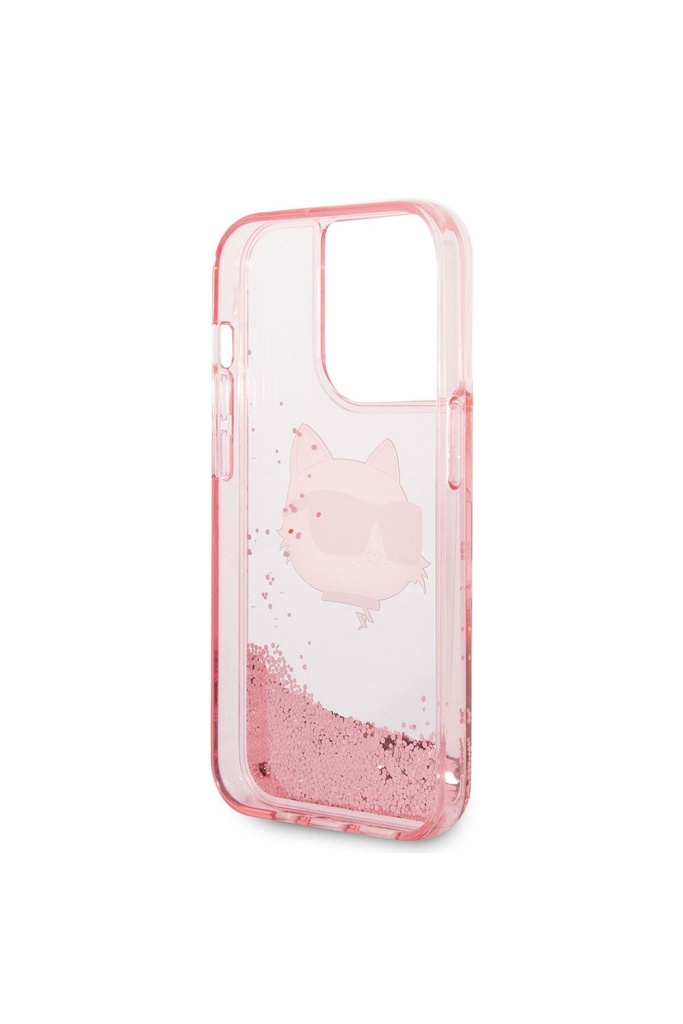 Apple iPhone 14 Pro Max Uyumlu Kılıf Karl Lagerfeld Sıvılı Simli Choupette Head Dizayn Kapak