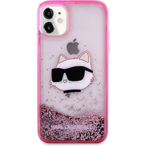 Apple iPhone 11 Uyumlu Kılıf Karl Lagerfeld Sıvılı Simli Choupette Head Dizayn Kapak