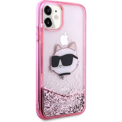 Apple iPhone 11 Uyumlu Kılıf Karl Lagerfeld Sıvılı Simli Choupette Head Dizayn Kapak
