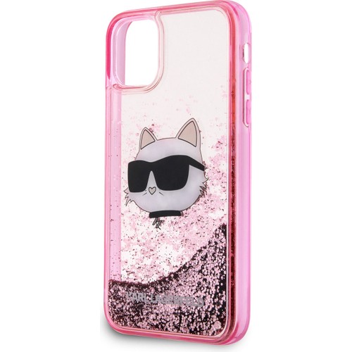 Apple iPhone 11 Uyumlu Kılıf Karl Lagerfeld Sıvılı Simli Choupette Head Dizayn Kapak