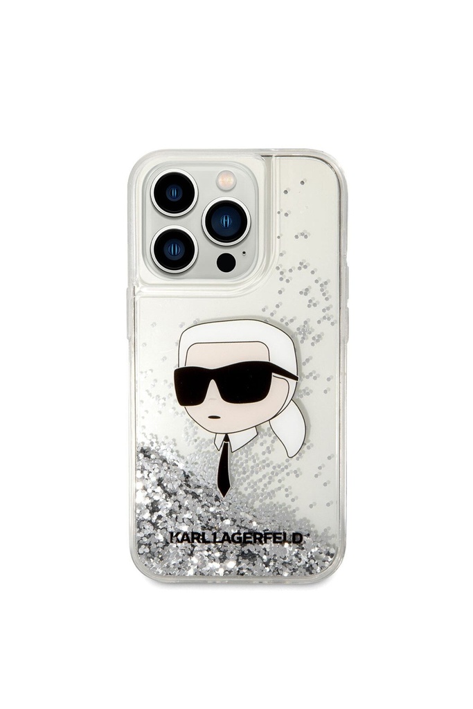 Apple iPhone 14 Pro Max Uyumlu Kılıf Karl Lagerfeld Sıvılı Simli Karl Head Dizayn Kapak