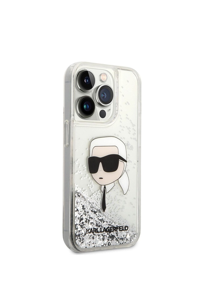 Apple iPhone 14 Pro Max Uyumlu Kılıf Karl Lagerfeld Sıvılı Simli Karl Head Dizayn Kapak