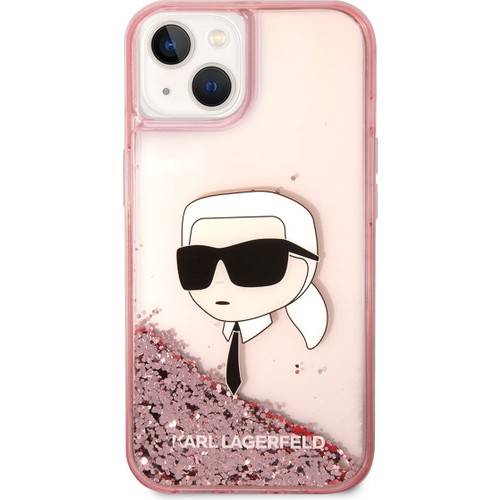 Apple iPhone 14 Uyumlu Kılıf Karl Lagerfeld Sıvılı Simli Karl Head Dizayn Kapak