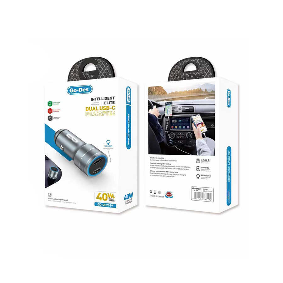 Go Des GD-QC2019 Çift PD Çıkışlı Metal Araç Şarj Başlığı Led Işıklı 40W - 1