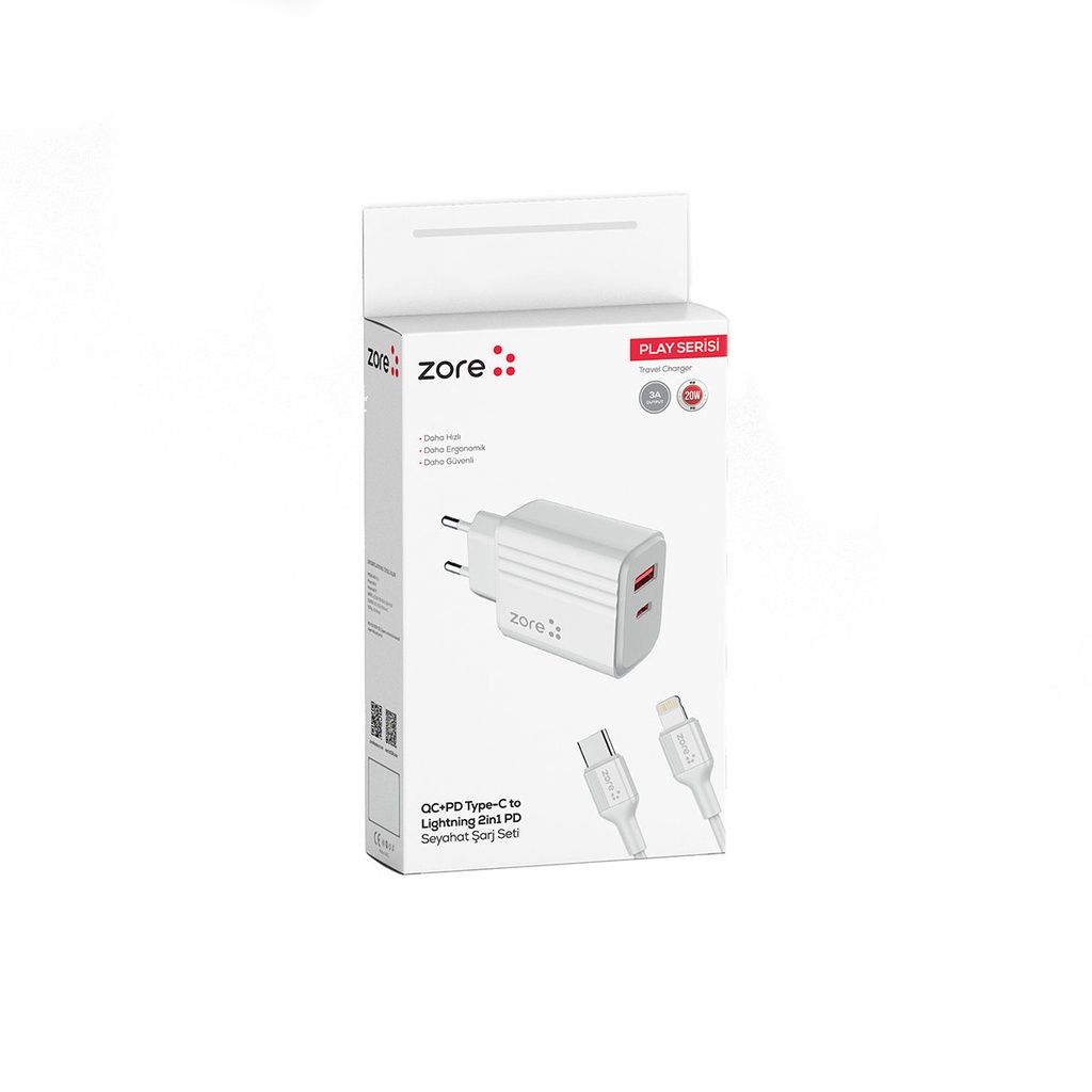 Zore Play Serisi PL3 Type-C to Lightning 2in1 PD Seyahat Şarj Aleti 20W - 5