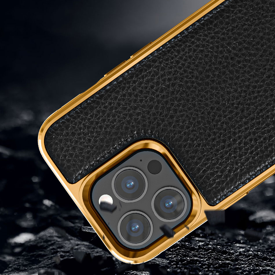 Apple iPhone 13 Uyumlu Kılıf Wiwu Genuine Leather Gold Calfskin Orjinal Deri Kapak - 7