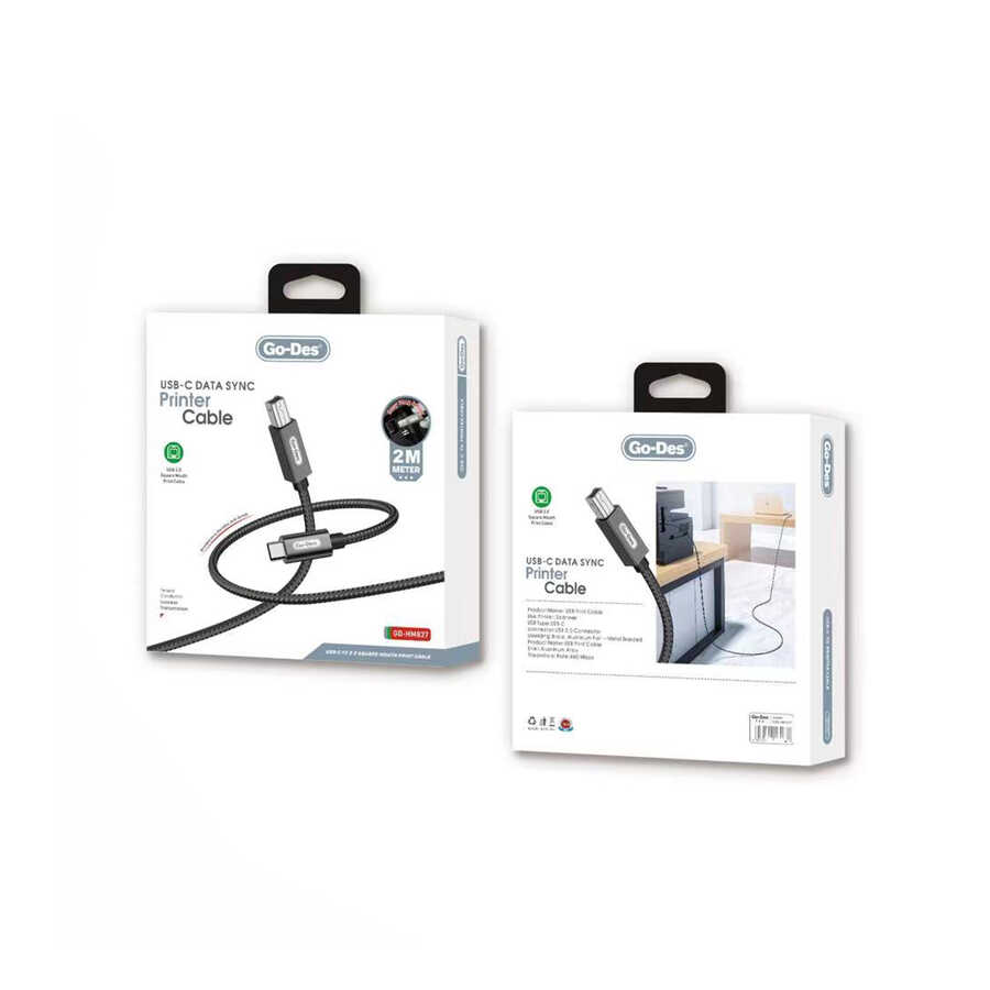 Go Des GD-HM837 Type-C to USB-B 2.0 Örgülü Yazıcı Kablosu 2M - 1