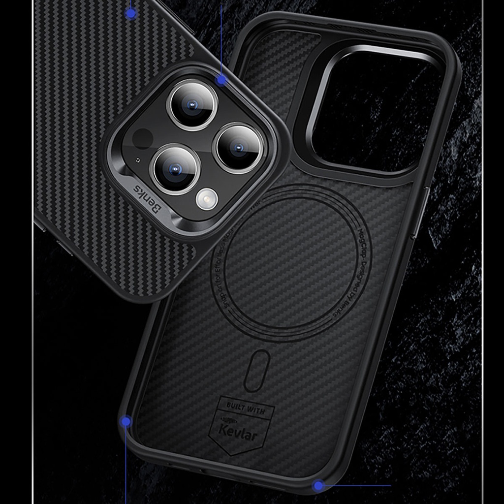 Apple iPhone 15 Pro Max Uyumlu Kılıf Karbon Fiber Magsafe Şarj Özellikli Benks Hybrid ArmorPro 600D Kevlar Kapak - 5