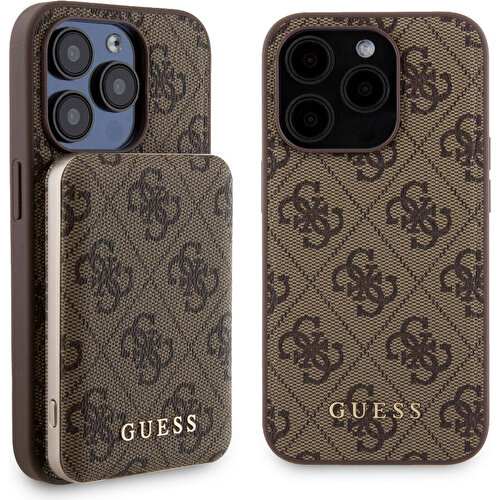 Apple iPhone 14 Pro Uyumlu Kılıf Guess Orjinal Lisanslı Magsafe Şarj Özellikli Yazı Logolu 4G Desenli Kapak + Powerbank 5000mAh 2in1 Set