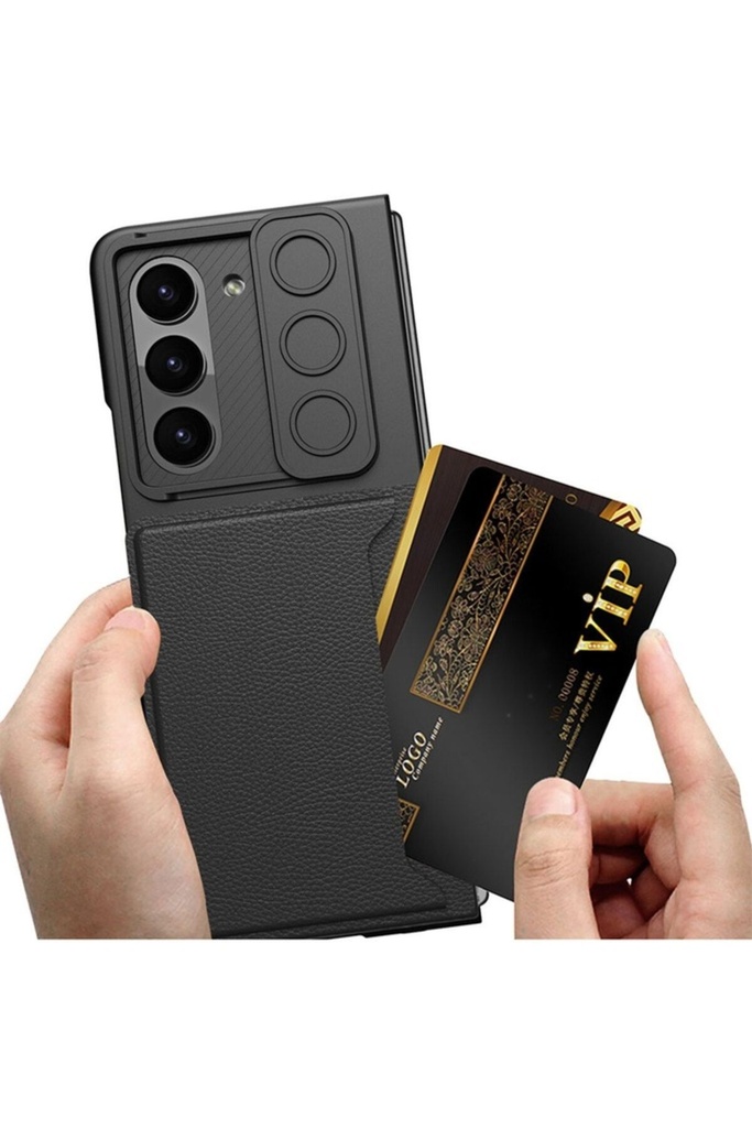 Samsung Galaxy Z Fold 5 Uyumlu Suni Deri Arka Yüzey Sürgülü Kamera Korumalı Zore Kartlıklı Kıpta Silikon Kapak