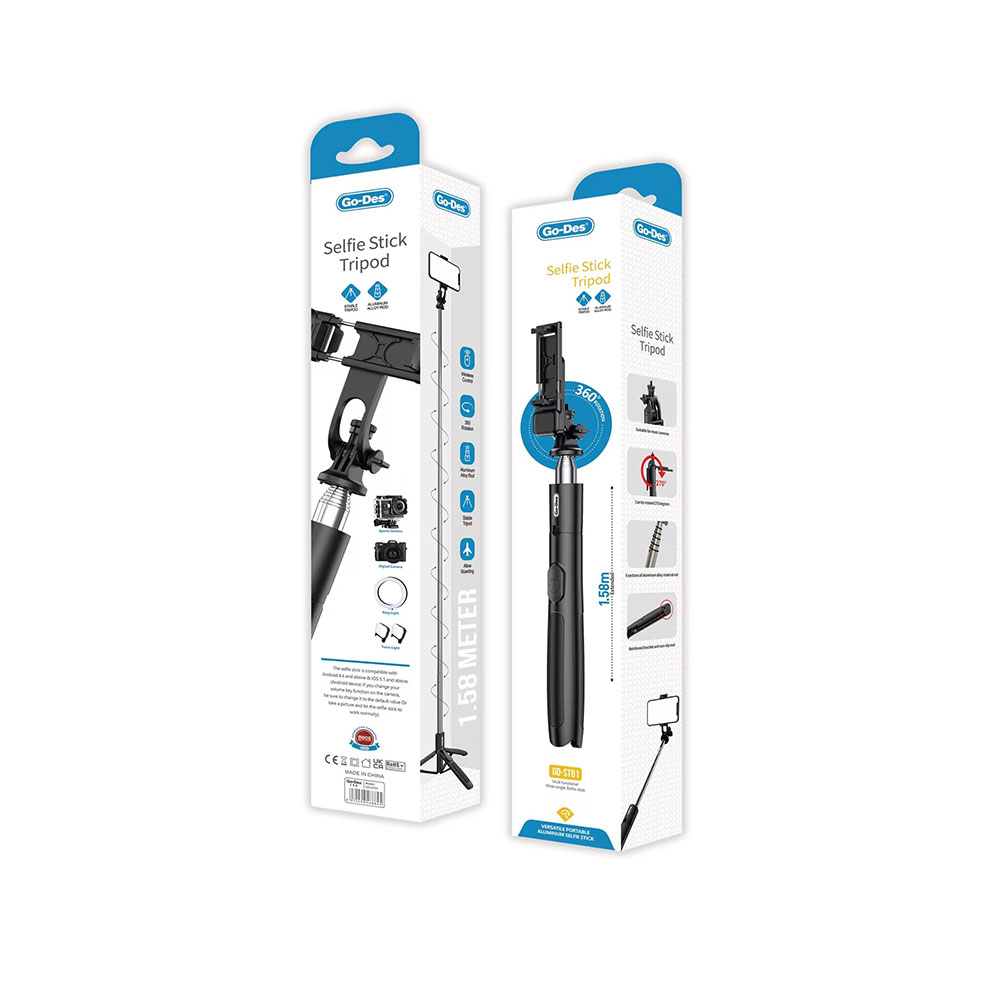 Go Des GD-ST81 Çok Fonksiyonlu 6 Kademeli Teleskopik Tripod Stand Özellikli Bluetooth Selfie Çubuğu - 1