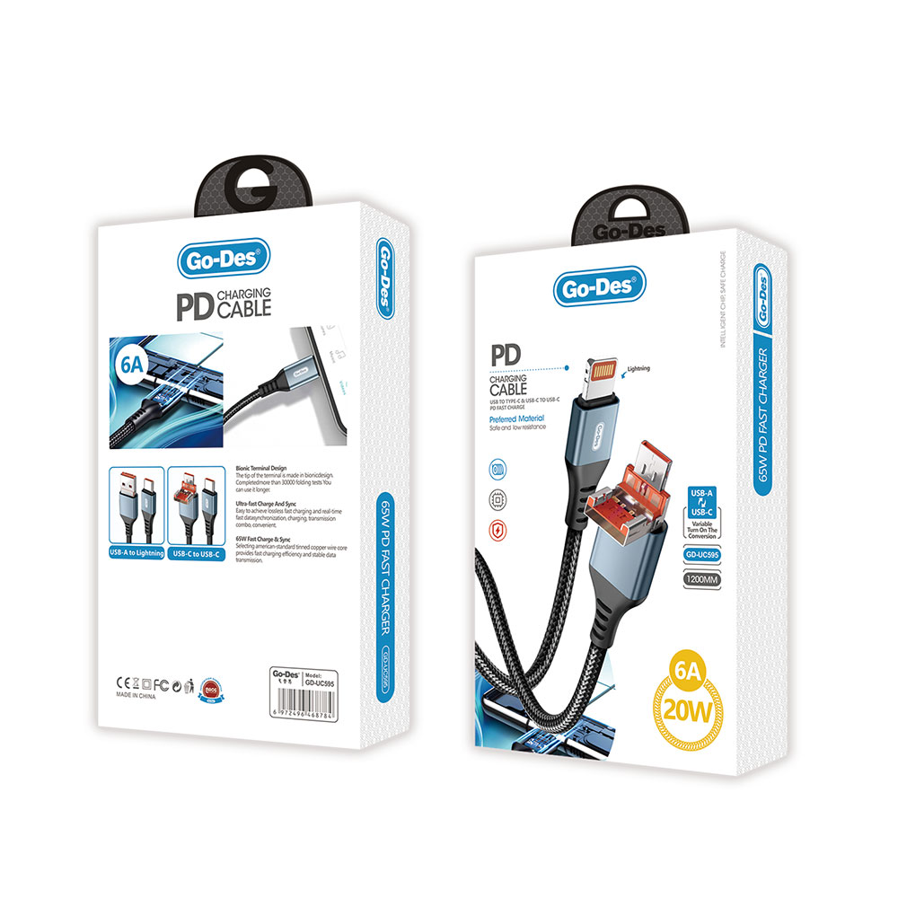 Go Des GD-UC595 Biyonik Terminal Tasarım PD20W Lightning to Type-C & Lightning to USB-A Kablo - 1