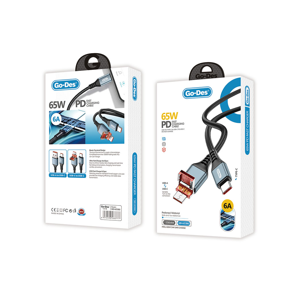 Go Des GD-UC593 Biyonik Terminal Tasarım PD65W Type-C to Type-C & USB-A to Type-C Kablo - 1