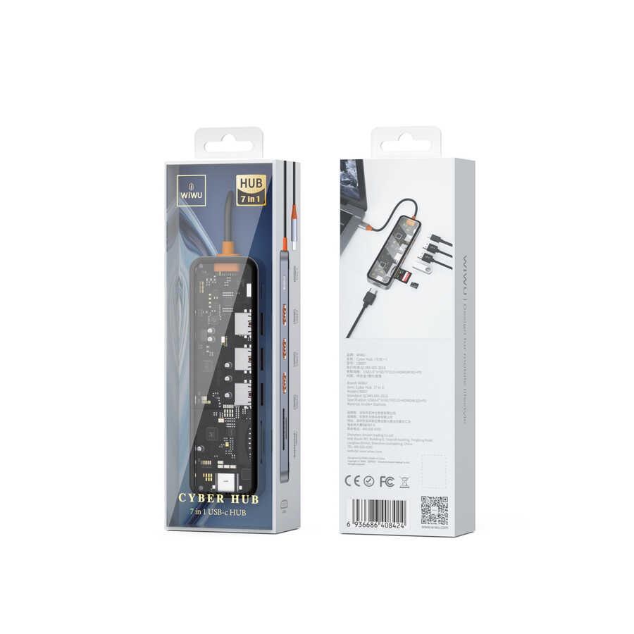 Wiwu CB007 Cyber 7 in 1 Type-C Hub 100W Şarj Destekli Şeffaf Görünümlü SD Kart-Hdmi-Usb Çoğaltıcı - 1
