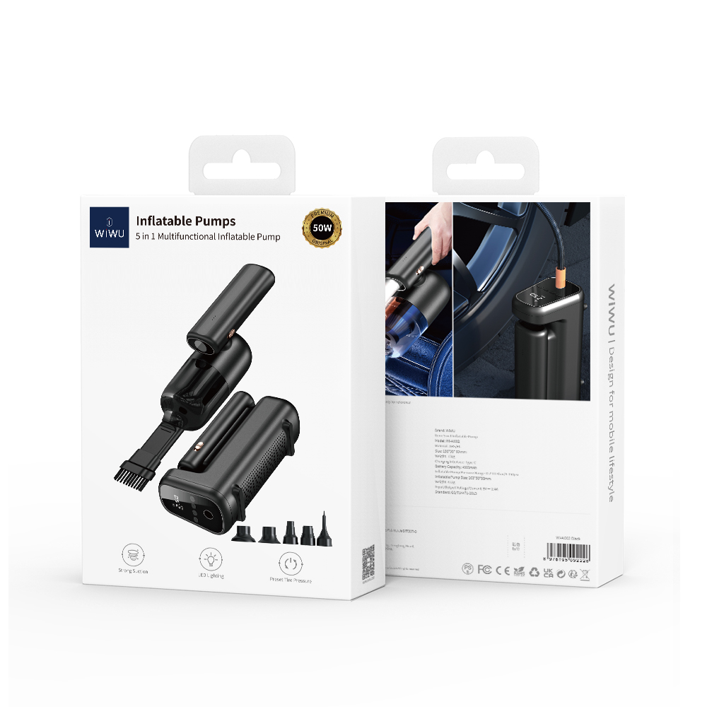 Wiwu Wi-Ai002 5in1 Oto Araç Lastik Şişirme Pompası - Oto Araç Süpürgesi - Vakum Makinesi - Fener Dijital Ekranlı Araç Hava Kompresörü - 7