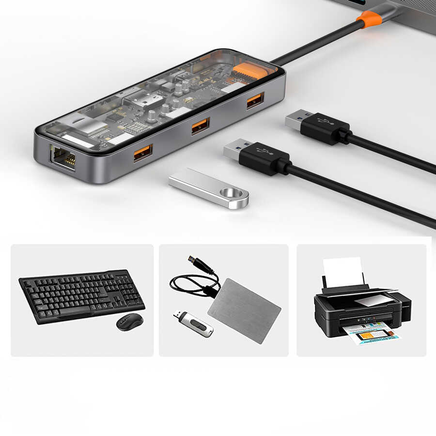 Wiwu CB008 Cyber 8 in 1 Type-C Hub 100W Şarj Destekli Şeffaf Görünümlü SD Kart-RJ45-Hdmi-Usb Çoğaltıcı - 3