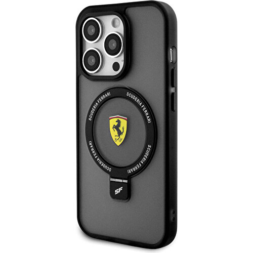 Apple iPhone 15 Pro Max Uyumlu Kılıf Ferrari Magsafe Şarj Özellikli Standlı Buzlu Yüzey Dizayn Kapak