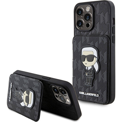 Apple iPhone 15 Pro Max Uyumlu Kılıf Karl Lagerfeld Standlı Kartlıklı Saffiano Monogram İkonik Metal Logo Orjinal Lisanslı Kapak