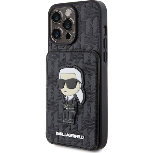 Apple iPhone 15 Pro Max Uyumlu Kılıf Karl Lagerfeld Standlı Kartlıklı Saffiano Monogram İkonik Metal Logo Orjinal Lisanslı Kapak