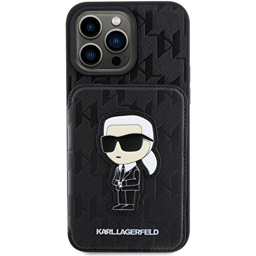 Apple iPhone 15 Pro Max Uyumlu Kılıf Karl Lagerfeld Standlı Kartlıklı Saffiano Monogram İkonik Metal Logo Orjinal Lisanslı Kapak