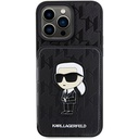 Apple iPhone 15 Pro Max Uyumlu Kılıf Karl Lagerfeld Standlı Kartlıklı Saffiano Monogram İkonik Metal Logo Orjinal Lisanslı Kapak