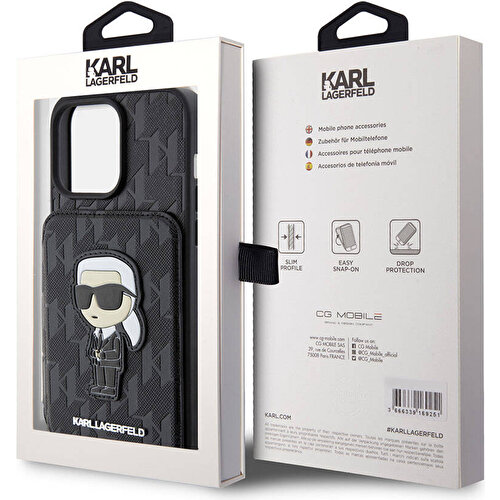 Apple iPhone 15 Pro Max Uyumlu Kılıf Karl Lagerfeld Standlı Kartlıklı Saffiano Monogram İkonik Metal Logo Orjinal Lisanslı Kapak