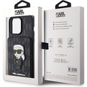 Apple iPhone 15 Pro Max Uyumlu Kılıf Karl Lagerfeld Standlı Kartlıklı Saffiano Monogram İkonik Metal Logo Orjinal Lisanslı Kapak