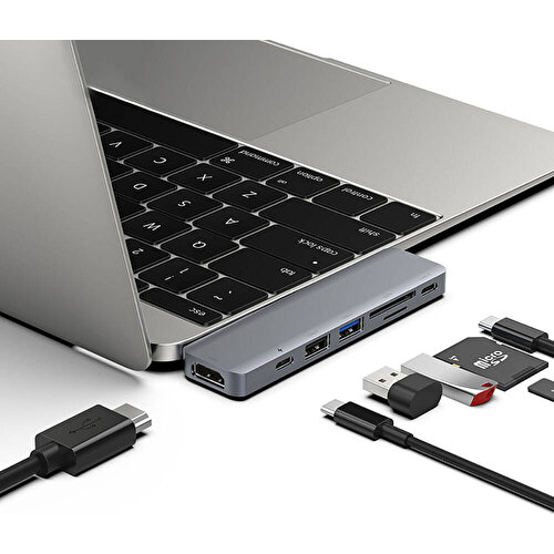 Recci RH08 Type-C to Type-C + SD/TF + USB3.0 + USB2.0 + HDMI + Thunderbolt 3 Bağlantılı 7in2 Hub