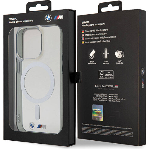Apple iPhone 15 Pro Max Uyumlu Kılıf BMW Magsafe Şarj Özellikli Transparan Silver Ring Orjinal Lisanslı Kapak