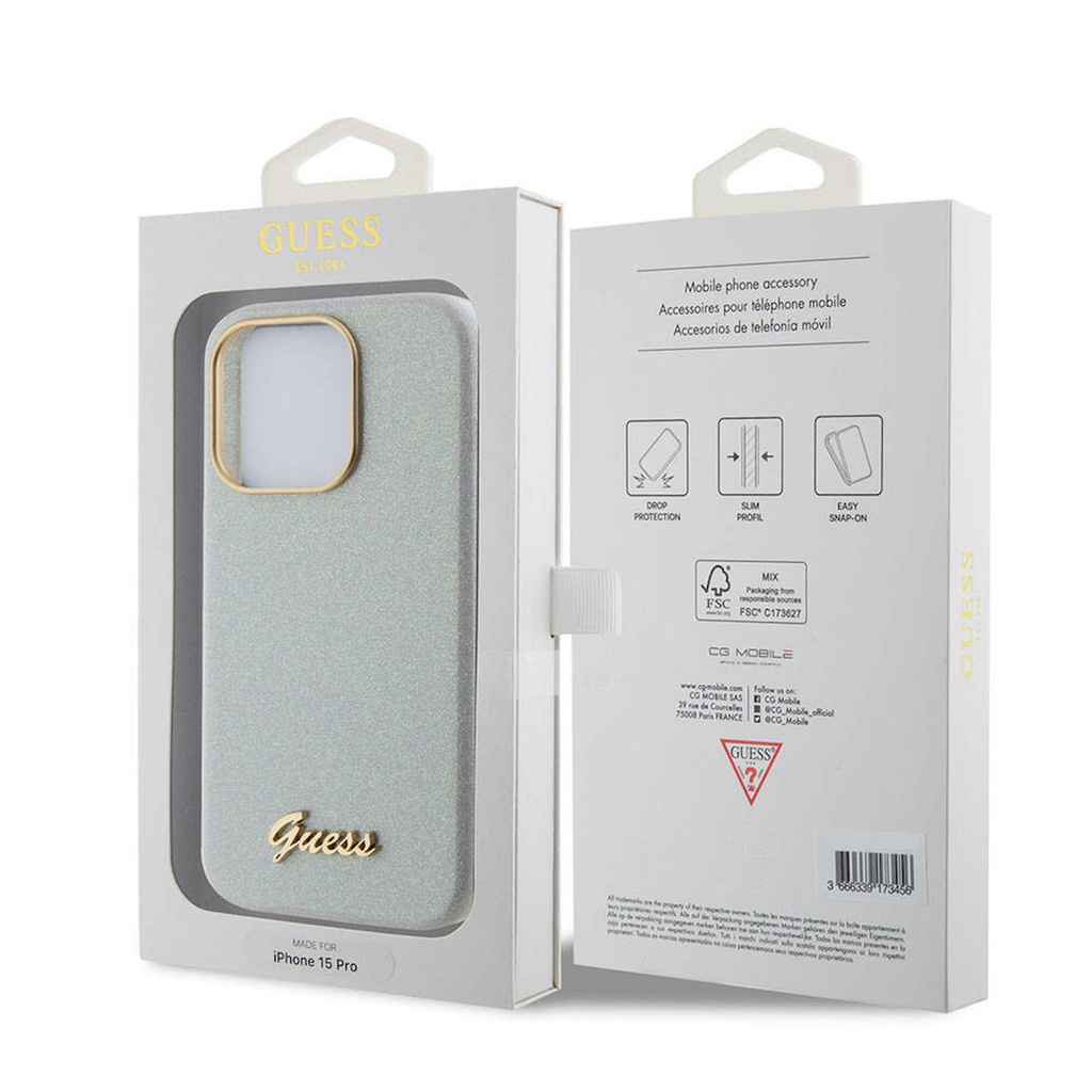 Apple iPhone 15 Pro Max Uyumlu Kılıf Guess Orjinal Lisanslı Yazı Logolu Glitter Glossy Script Kapak