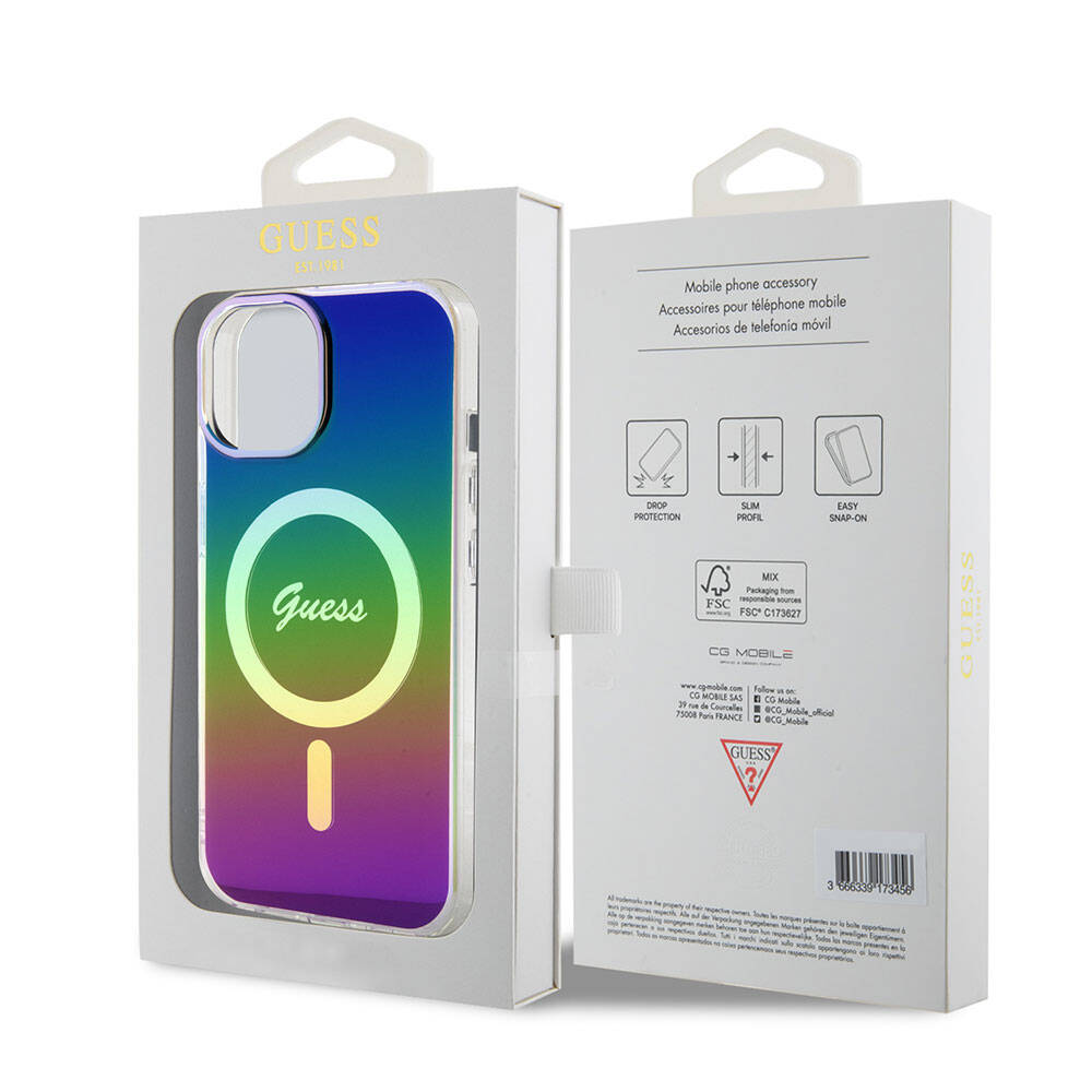 Apple iPhone 15 Uyumlu Kılıf Guess Orjinal Lisanslı Magsafe Şarj Özellikli Yazı Logolu Iridescent Kapak - 6