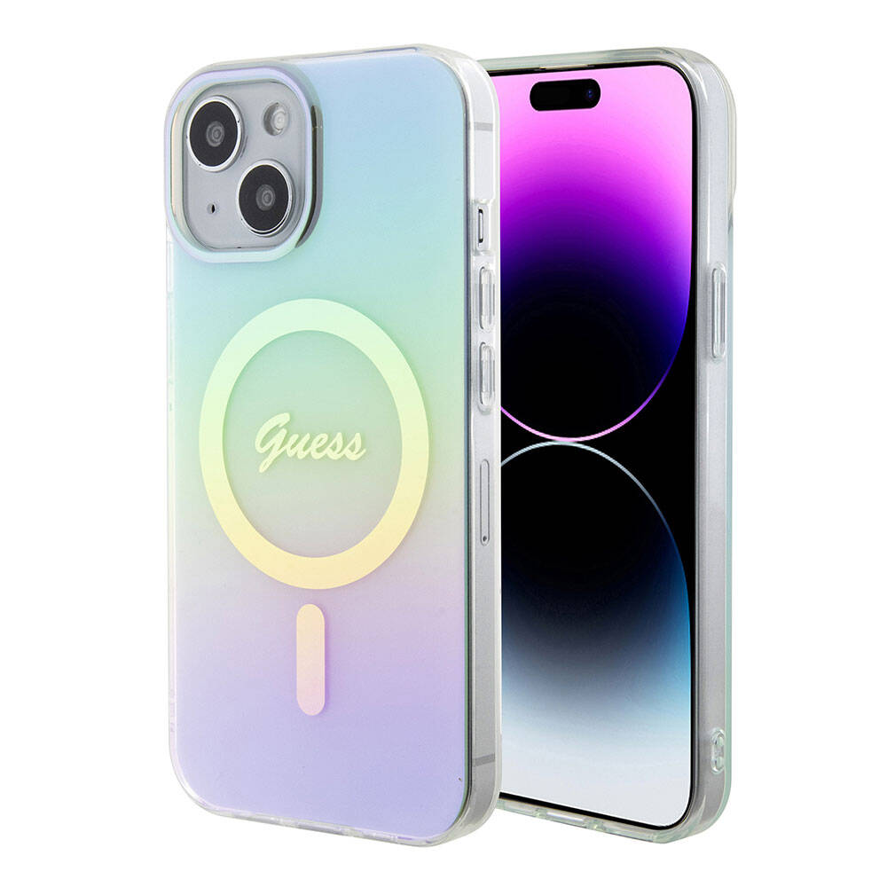 Apple iPhone 15 Uyumlu Kılıf Guess Orjinal Lisanslı Magsafe Şarj Özellikli Yazı Logolu Iridescent Kapak - 7