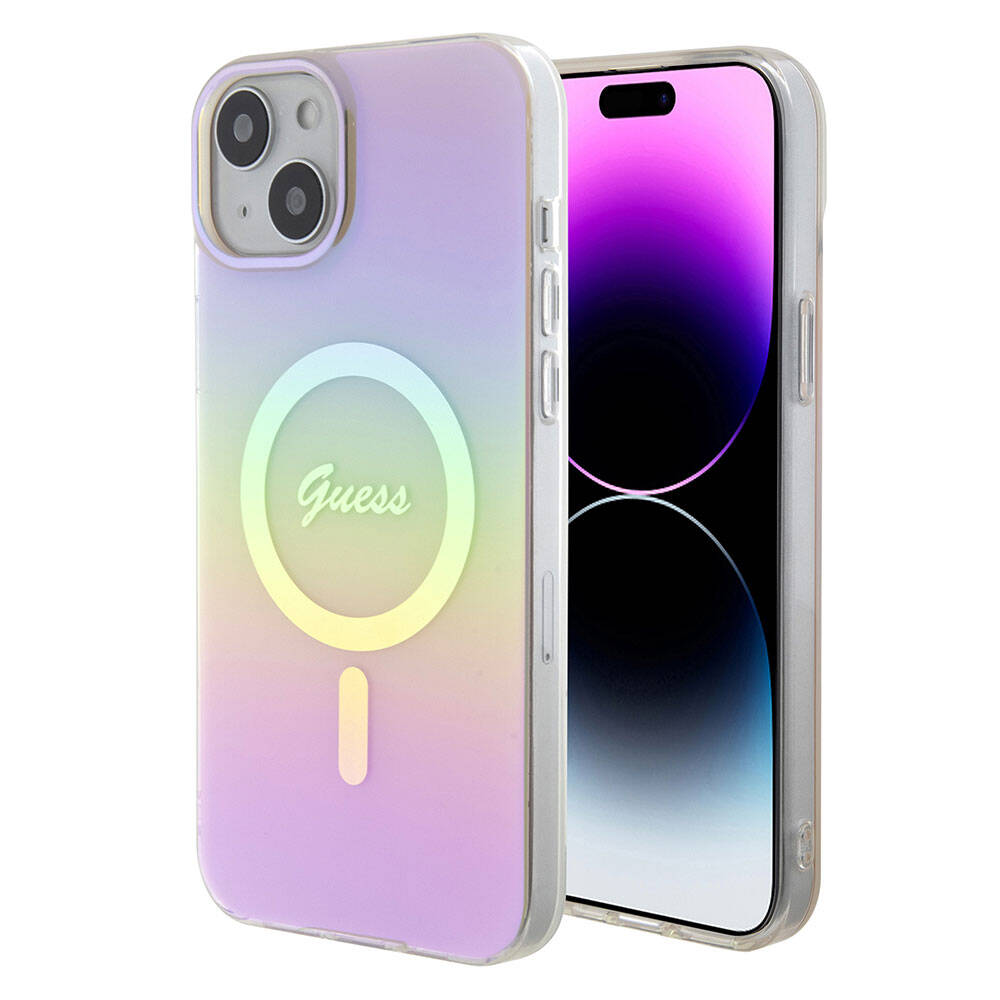 Apple iPhone 15 Uyumlu Kılıf Guess Orjinal Lisanslı Magsafe Şarj Özellikli Yazı Logolu Iridescent Kapak - 21