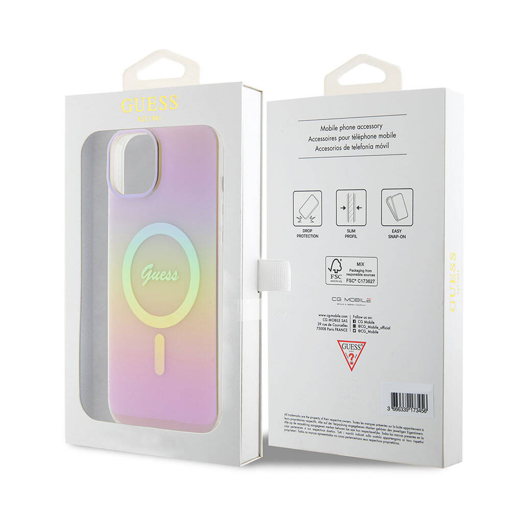 Apple iPhone 15 Uyumlu Kılıf Guess Orjinal Lisanslı Magsafe Şarj Özellikli Yazı Logolu Iridescent Kapak - 27